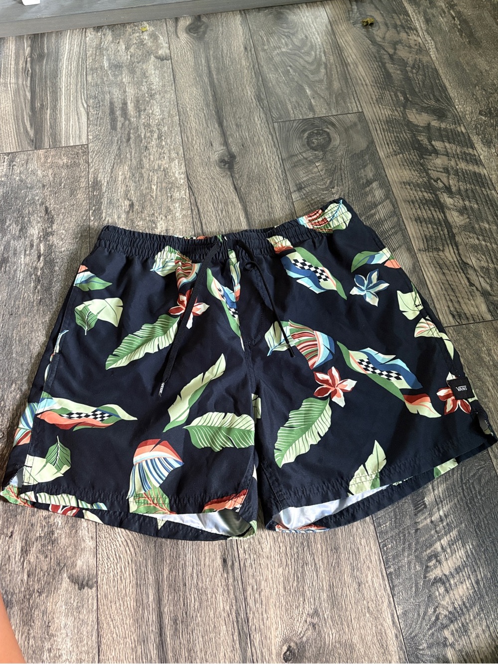 Vans Black Swim Trunks with Green Leaf & Multicolor Floral Print